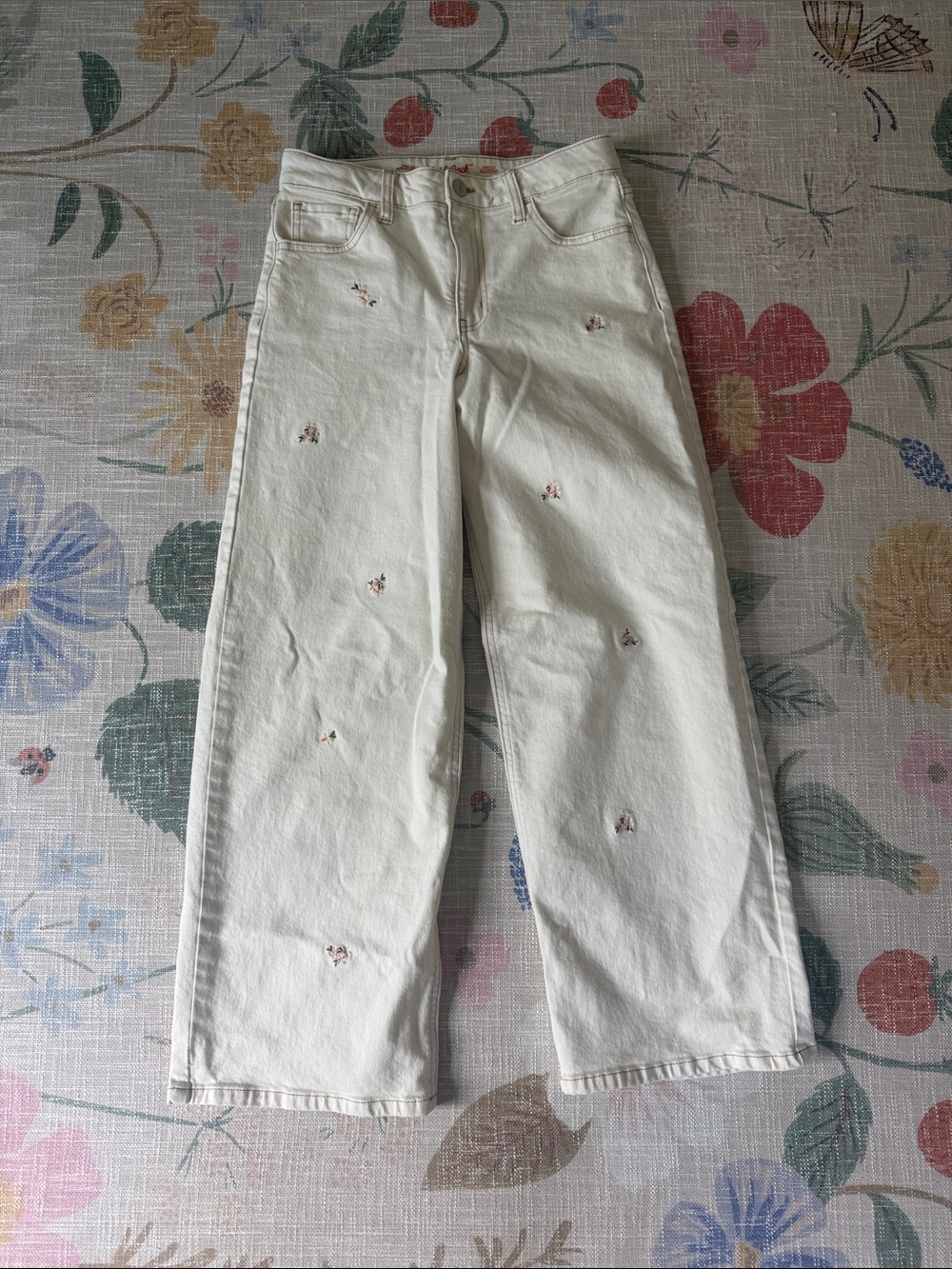 Cat & Jack Cream Straight-Leg Jeans with Tiny Floral Embroidery